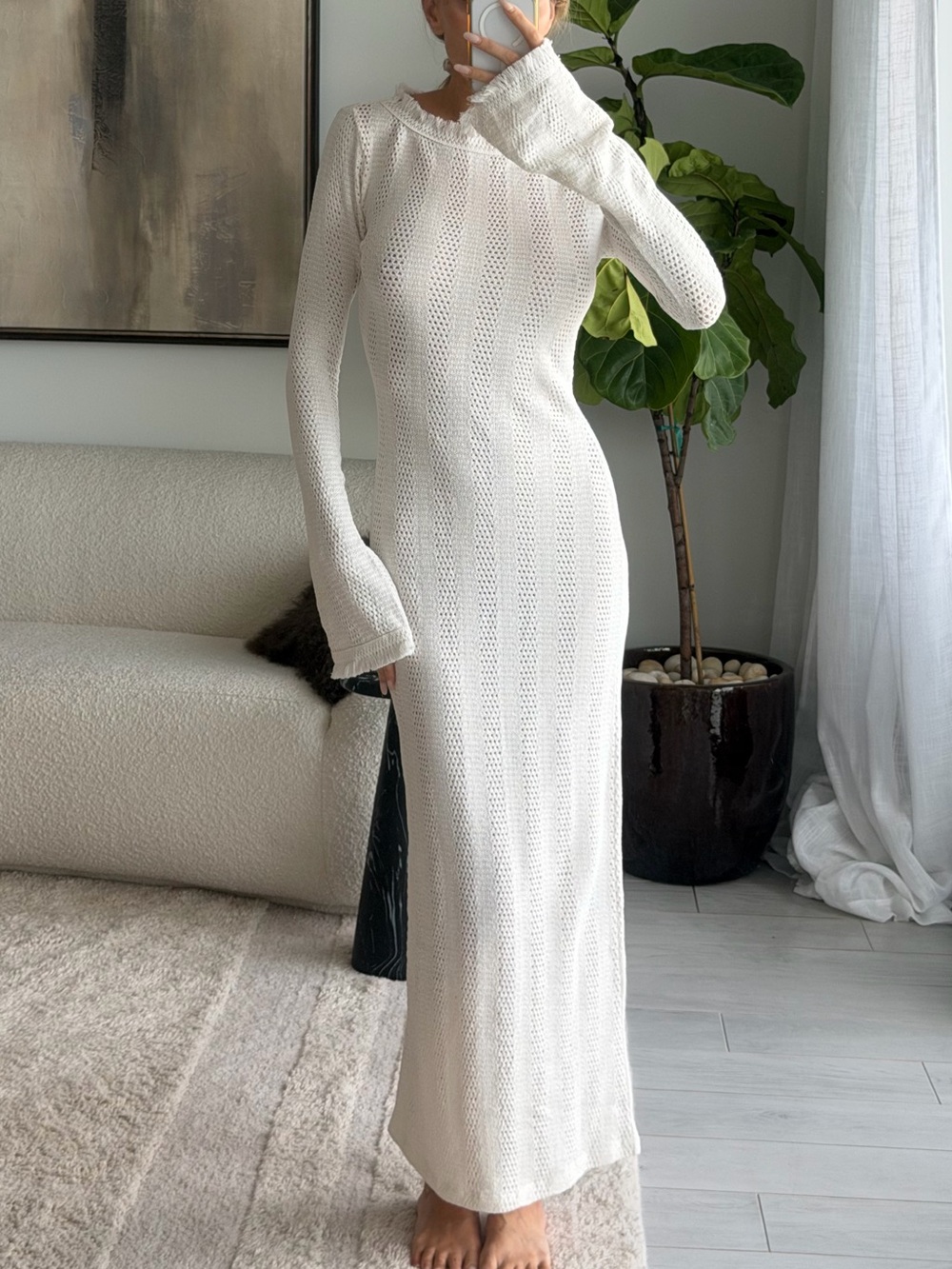 PrettyLittleThing White Long-Sleeve Knit Maxi Dress